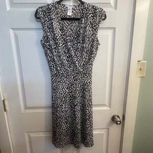 Studio One New York Back and Off White Animal Print Faux Wrap Midi Dress